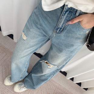 香蕉镰刀裤 全棉高腰显瘦破洞弯刀裤 子宽松直筒阔腿裤 裤 春秋 女春季