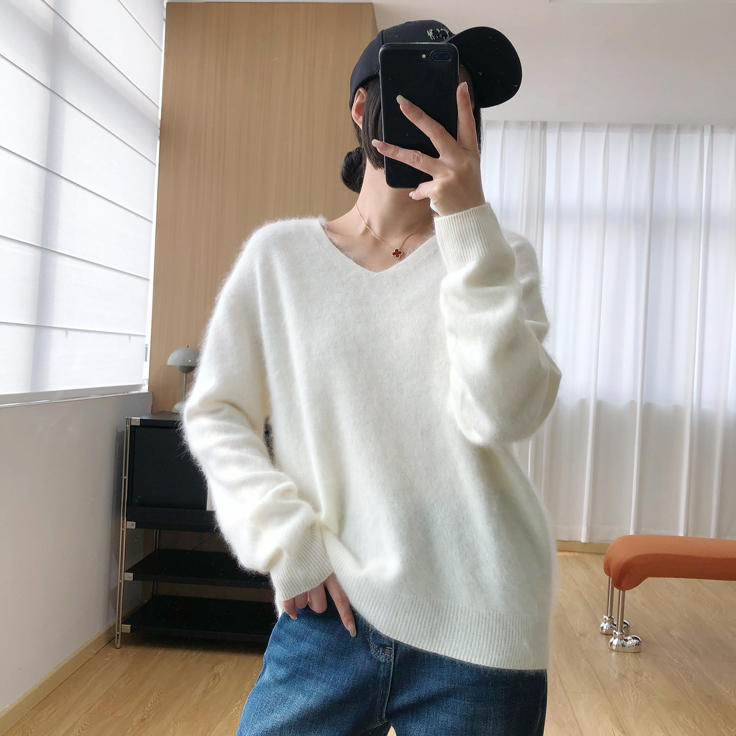 软糯羊绒衫桑蚕丝羊毛衫V领螺纹套头毛衣女秋季无缝内搭打底衫