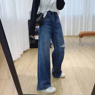 子宽松直筒牛仔裤 清仓特价 裤 女秋季 贴布假破洞高腰显瘦阔腿裤