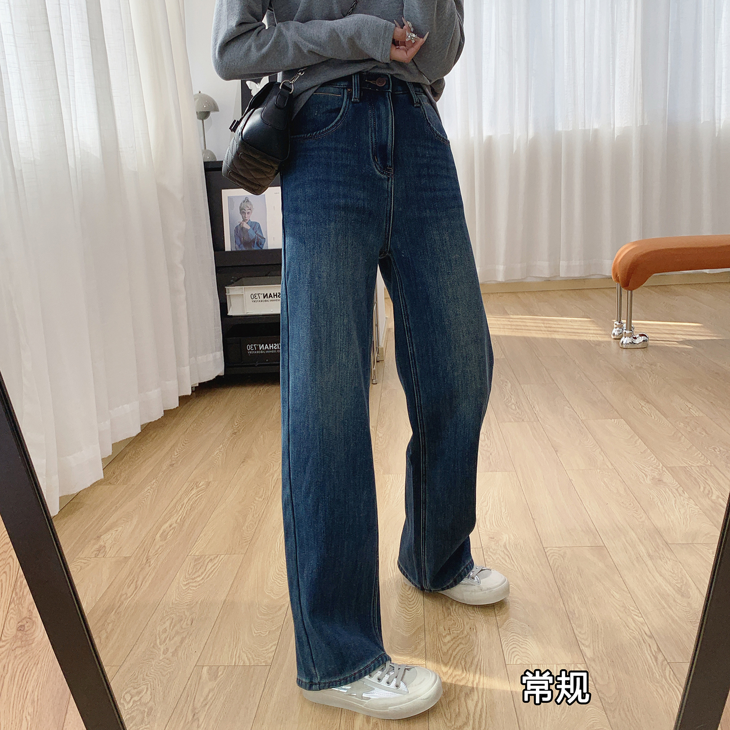 内置松紧腰加厚加绒直筒牛仔裤女