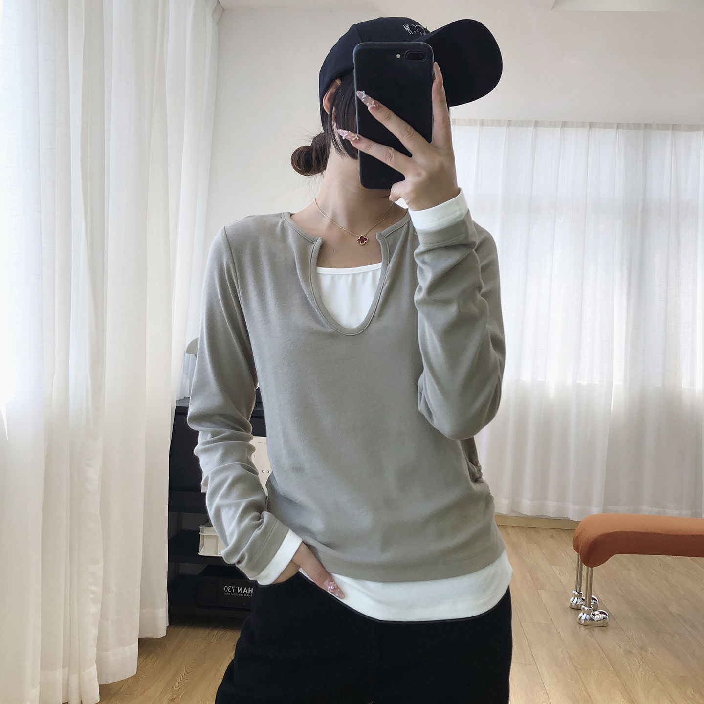 拼接假两件收腰显瘦长袖T恤女