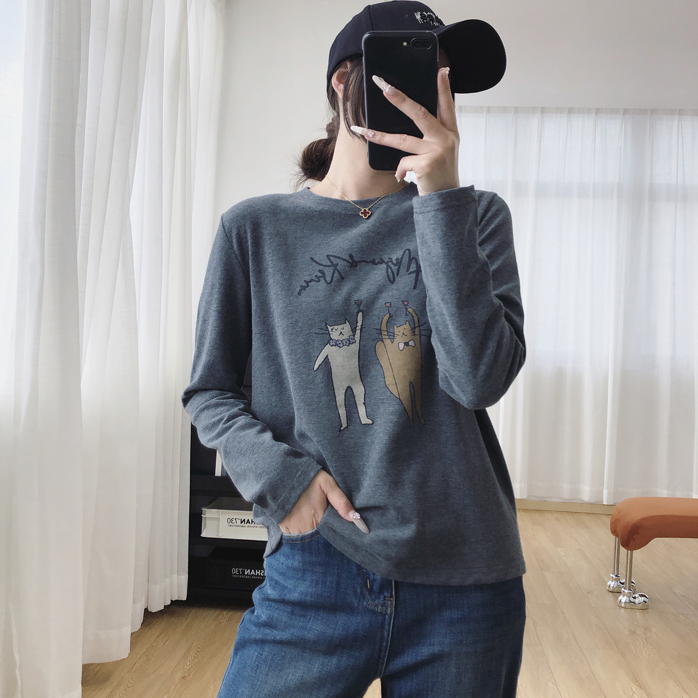 猫咪印花磨毛加厚长袖T恤女秋冬