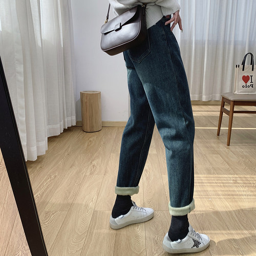 高腰显瘦加厚加绒锥形牛仔裤女冬