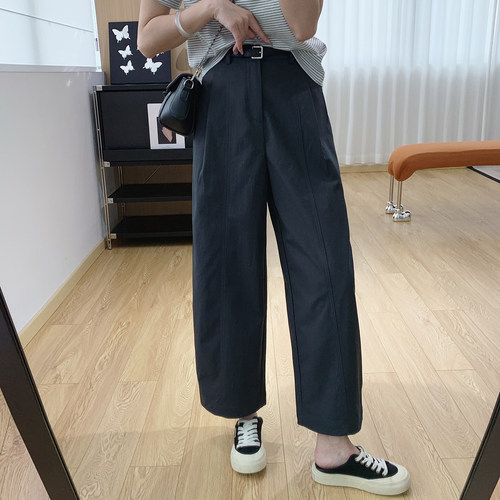 抗皱后半松紧腰显瘦垂感弯刀裤女春夏宽松直筒休闲裤梨型身材裤子