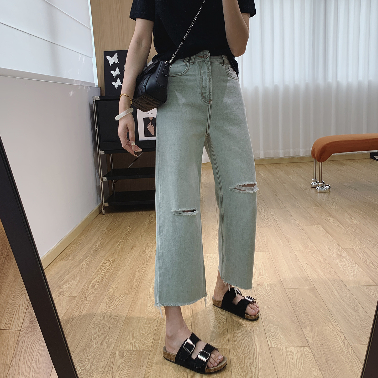 街头感拉满!高腰显瘦宽松直筒破洞牛仔裤女夏薄款裤子九分裤夏季