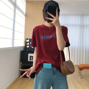 送腰带 T恤女宽松休闲简约圆领上衣 柔软亲肤字母印花正肩短袖