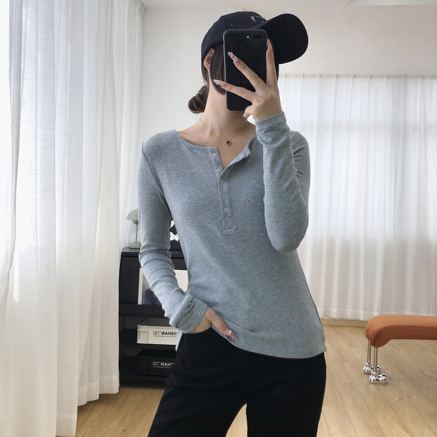 亨利领修身显瘦正肩长袖T恤女秋