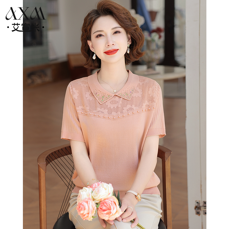 年轻妈妈夏装针织短袖中老年女装时尚减龄小衫翻领夏季薄款上衣服