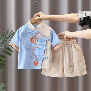 中国风古装 2025宝宝新款 棉麻儿童夏季 新中式 汉服男童夏装 唐装 套装