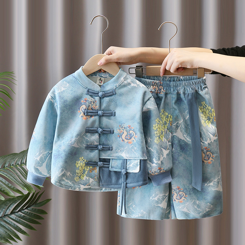 汉服男童秋冬加绒加厚古风套装