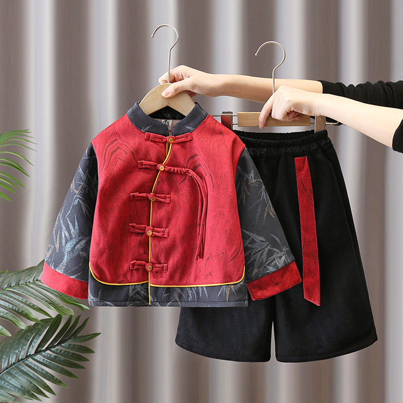 男童拜年服秋冬装加绒加厚套装