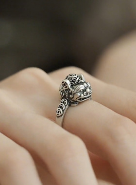 复古做旧貔貅铜钱戒指女款小众设计新中式国风开口可调节食指戒