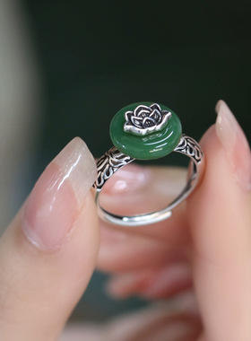 好事莲莲 复古莲花戒指女国风碧玉925银开口指环国潮古风旗袍饰品