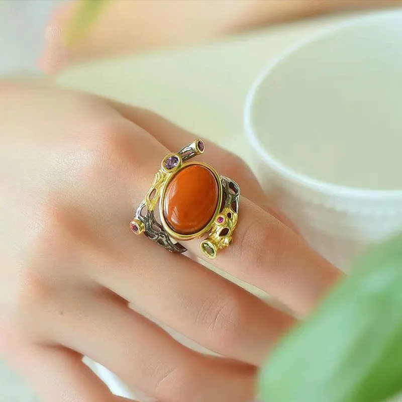 做旧天然石戒指简约民族风饰品大气男女款开口925银食指复古个性