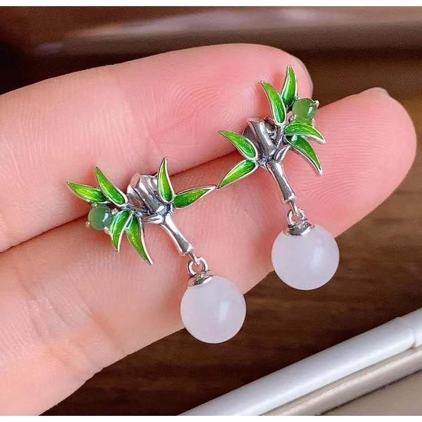 天然白玉耳坠女纯银绿色竹叶耳钉复古中国风烧蓝珐琅耳饰耳环女
