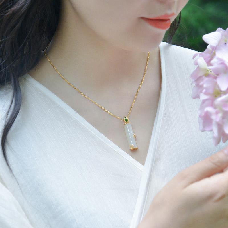 【秀竹】天然和田玉白玉竹节复古女项链925银节节高竹子银饰吊坠