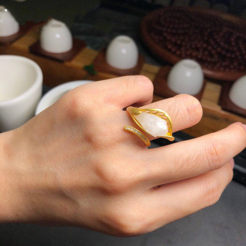 玉兰花纯白玉玉兰花戒指古法金开口款女植物清精致优雅指环