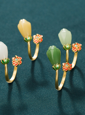 925银中国风珐琅彩和田玉兰花开口戒指女古风古法金花型旗袍饰品