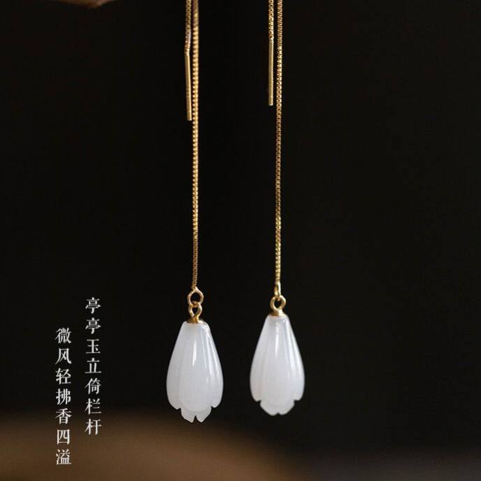 镀s925银镶玉耳线气质白玉兰花耳坠复古民族风铃兰耳环女士款
