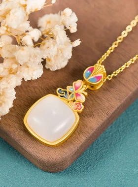 原创复古珐琅彩蝴蝶吊坠和田玉方形白玉锁骨链时尚简约小众饰品