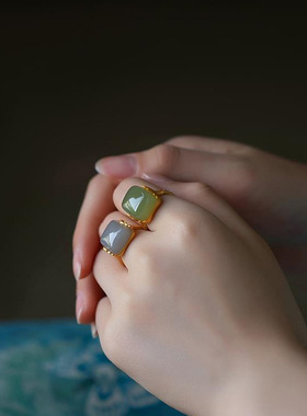 中式古典祥云竹节戒指女古法金如意中国风复古和田玉开口指环