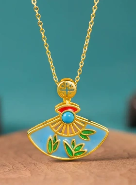 新中式古法伞形设计感小众气质吊坠女款镀金锁骨链绿松石时尚古典