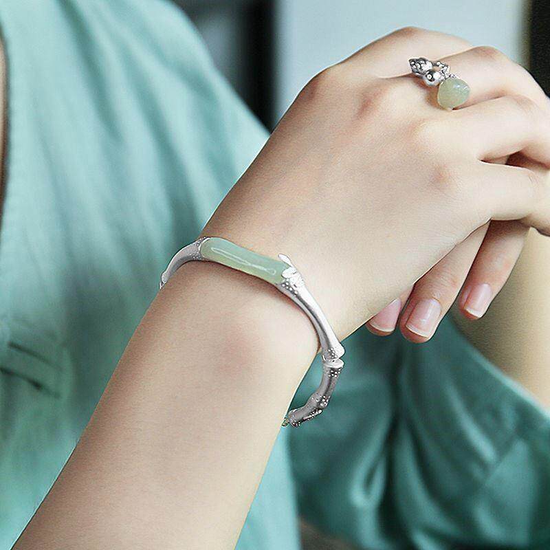 竹节款手镯女款复古镀金色和田玉开口手饰汉服旗袍国风手环首饰品