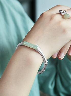 竹节款手镯女款复古镀金色和田玉开口手饰汉服旗袍国风手环首饰品