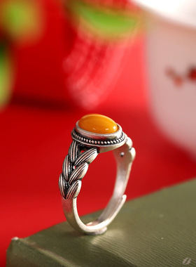 复古做旧麦穗戒指女款新中式宫廷风蜜蜡活口可调节指环国潮饰品