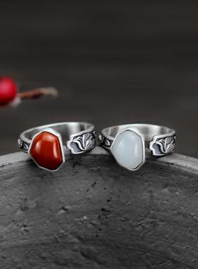 纯银镶玉石手工做旧宫廷开口戒指