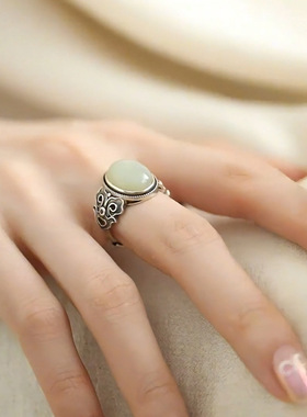 复古做旧如意祥云蛋面戒指女中国风和田玉活口食指指环古风饰品