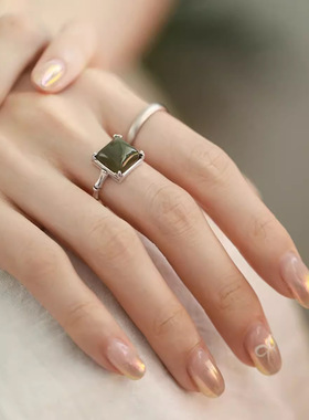 国潮复古方形竹节戒指女和田玉高级感民族风新中式国风食指指环