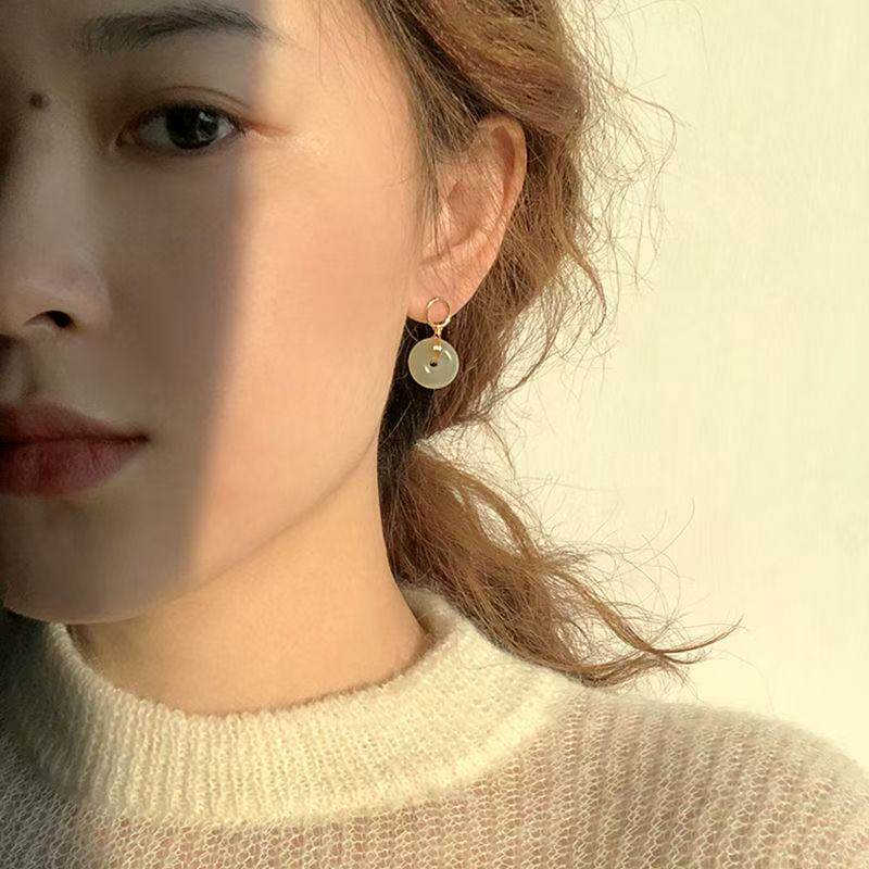 纯银翡翠平安扣简约女复古风耳环