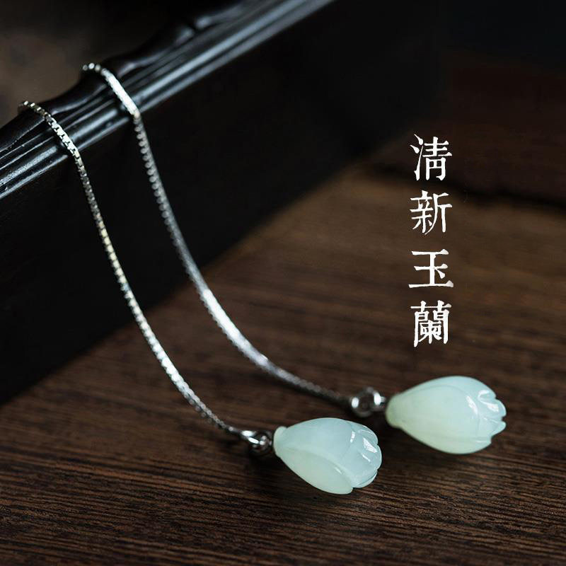 纯银玉兰花耳环和田玉石长款耳线