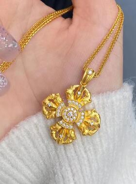 古法黄金色十字架金刚杵项链女轻奢百搭高级镶嵌点钻四叶草锁骨链
