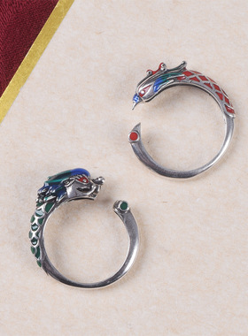 国潮龙凤凰戒指烧蓝活口可调节个性食指指环情侣款一对中国风饰品