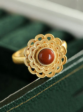 925银南红花朵花丝戒指女轻奢高级感小众新中式国潮宫廷风指环