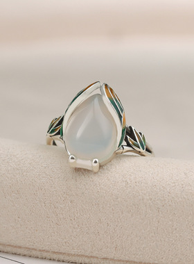 金蝉竹叶戒指女中国风珐琅玛瑙新中式国潮民族风复古知了开口指环