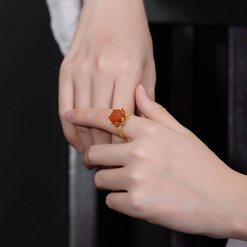 【红莲子】古法复古石莲花开口戒指女士指环南红女士指环戒指