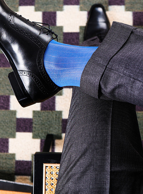 蓝色宽条纹正装男士丝袜宝蓝色西装绅士日系锦纶中长筒袜子舒适