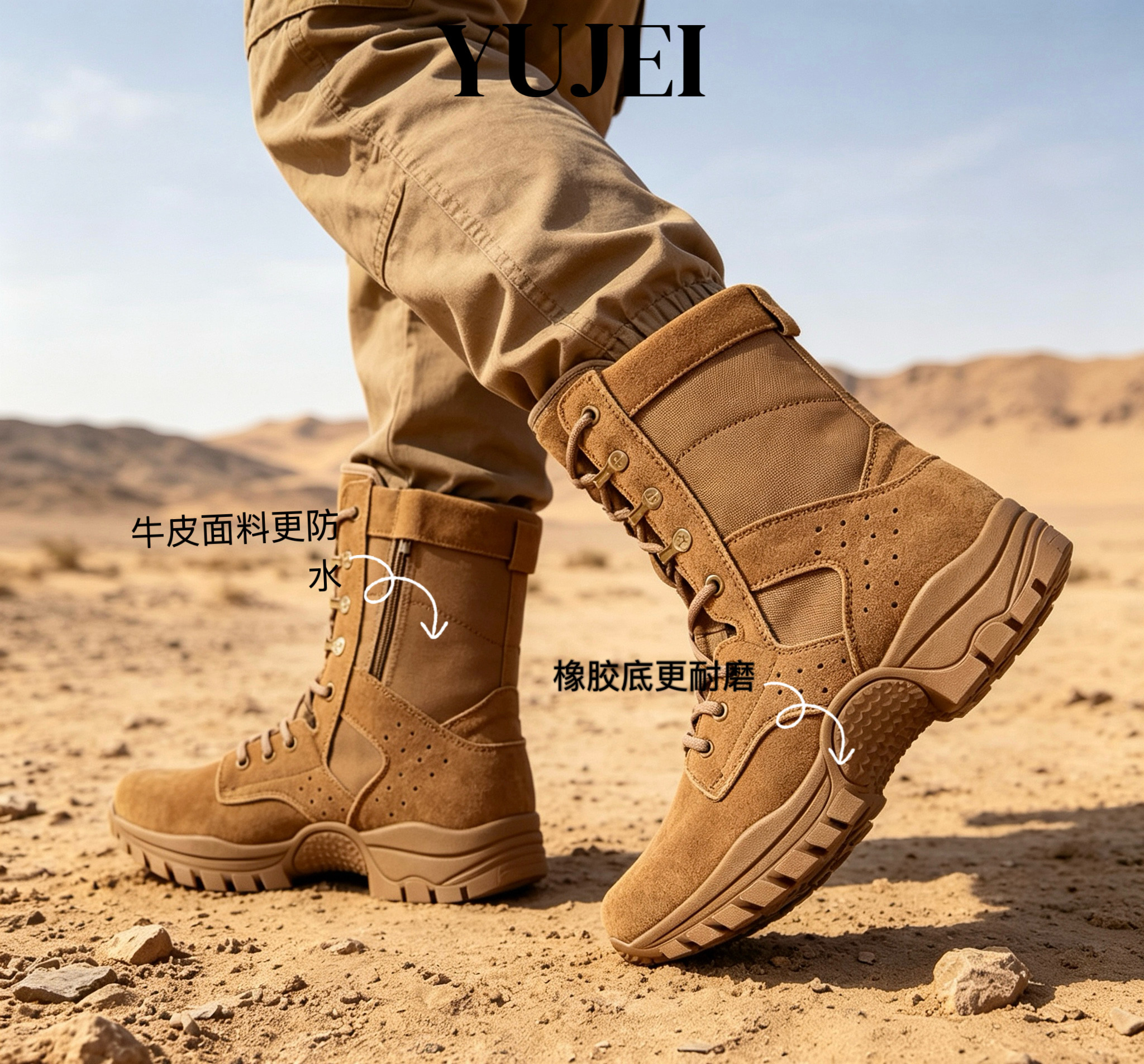 棕色春季超轻牛皮男透气作训练靴户外高帮侧拉链防水登山沙漠靴