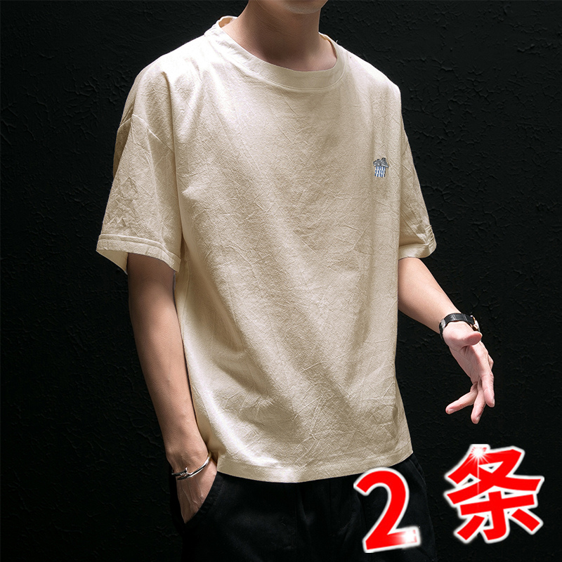 3亚麻t恤男短袖中国风刺绣棉麻半袖宽松麻料上衣装中袖圆领打底衫