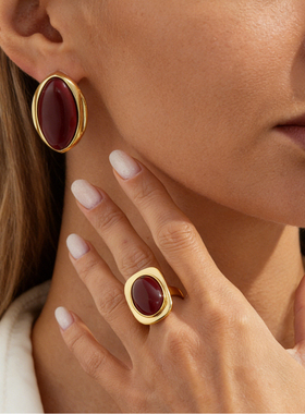 欧美精品饰品 复古夸张红色宝石开口指环 轻奢风气质几何合金戒指