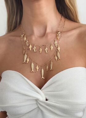 欧美精品饰品 海洋元素沙滩风小鱼吊坠项链 叠戴ins金属锁骨链女