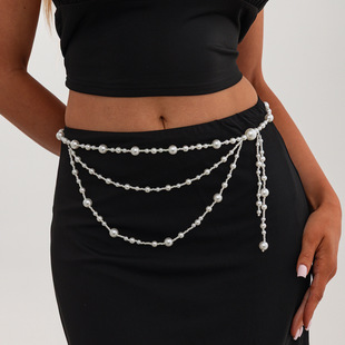 欧美精品饰品 简约风多层仿珍珠串珠身体链 个性几何圆珠流苏腰链