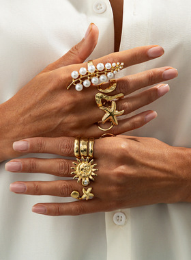 欧美精品饰品 海洋度假风海星贝壳戒指 个性镶珍珠树枝形Ring套装
