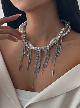 精美饰品包邮 法式优雅珍珠串珠项链 时尚感流苏爱心铁链锁骨链