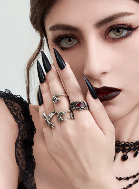 精美饰品包邮 个性万圣节镶嵌宝石戒环 4件套十字架骷髅戒指套装