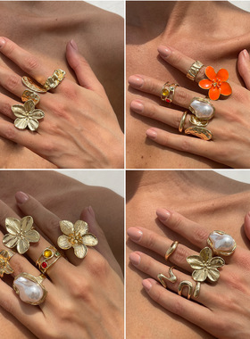 精美饰品包邮 ins风珍珠镂空不规则戒指 复古镶钻合金花朵关节戒