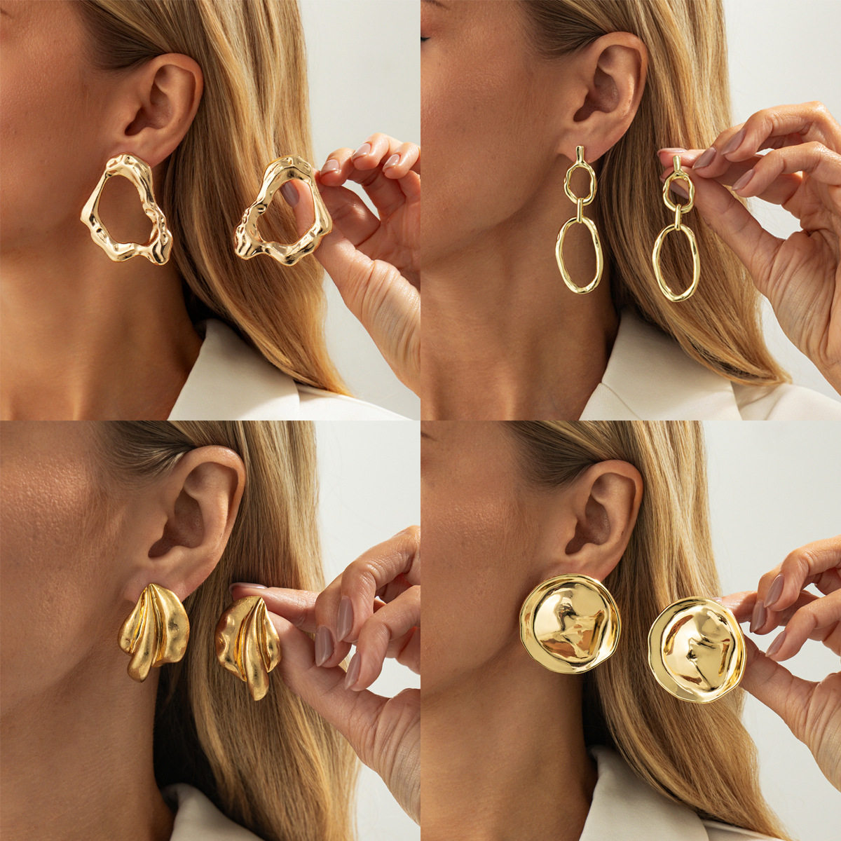 欧美精品饰品 时尚不规则几何镂空耳钉 个性液态金属合金Earring